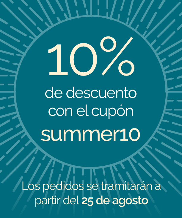 10% de descuento con el cupón summer10. Los pedidos se tramitarán a partir del 25 de agosto.
