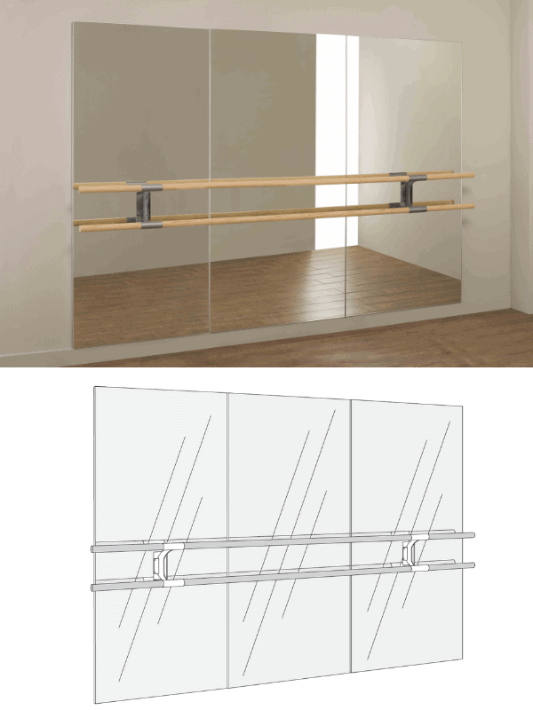 Set di 3 specchi da parete e sbarre fisse Arabesque Doppia da 3 metri